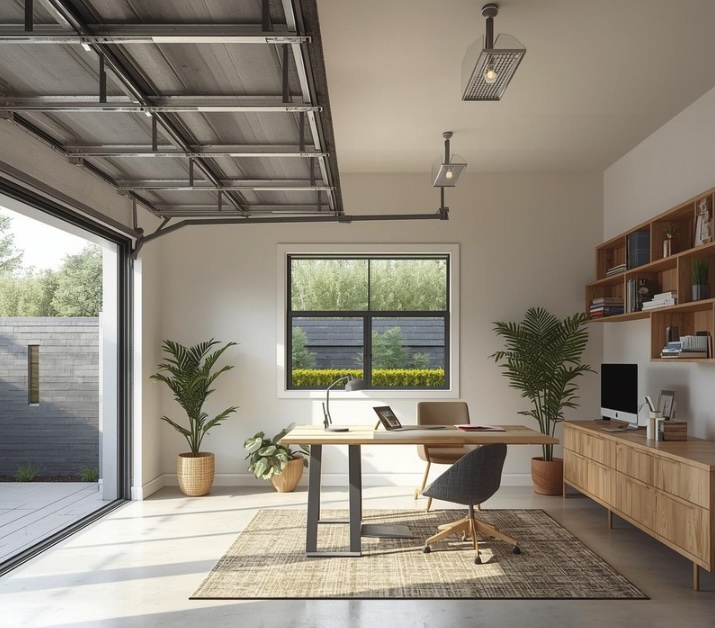 Modern garage converted into a bright home office with the garage door open, large window, indoor plants, wood shelving, desk, and natural light filling the space.