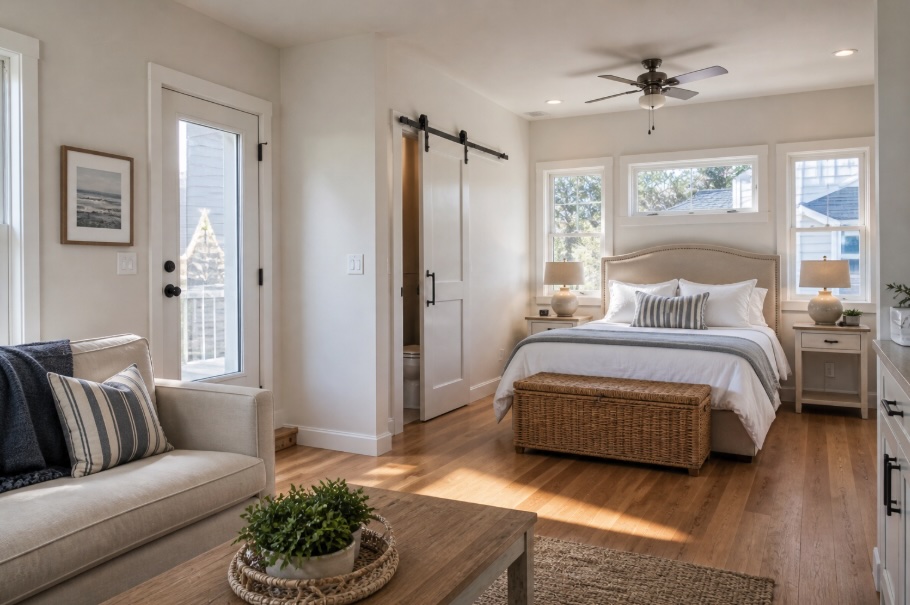 Finished in-law suite interior in a New Jersey shore-area home featuring a neutral-toned bedroom with hardwood floors, large sunlit windows, a cozy bed with bedside tables, and a small sitting area with sofa and coffee table, styled in a bright, modern coastal design.