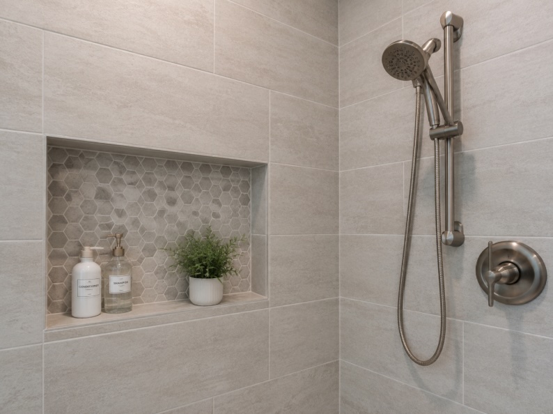 Custom tiled shower with built-in niche in a primary bathroom remodel in New Jersey