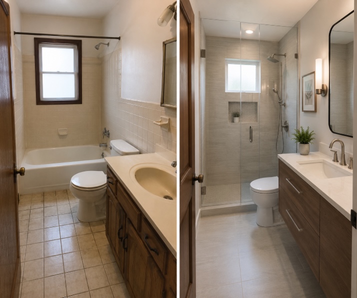 Small bathroom renovation before and after in New Jersey showing updated shower and tile