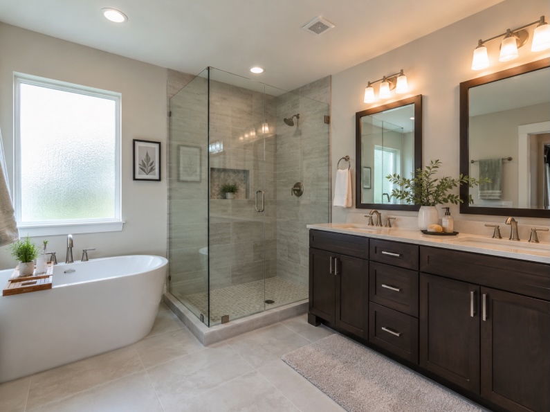 Finished master bathroom remodel in Ocean County NJ with double vanity and glass shower enclosure