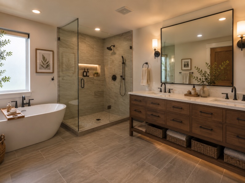 Completed primary bathroom renovation with new vanity and flooring in Monmouth County NJ