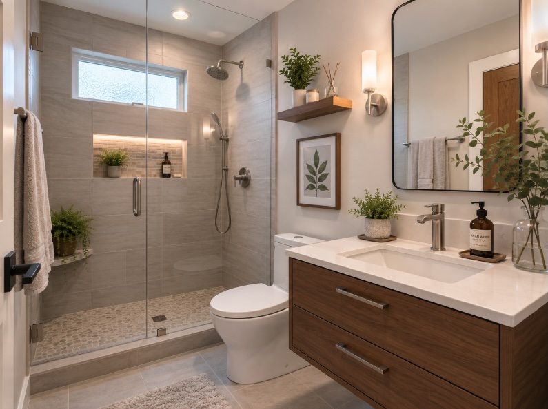 Remodeled small bathroom in Ocean County NJ with walk-in shower and floating vanity