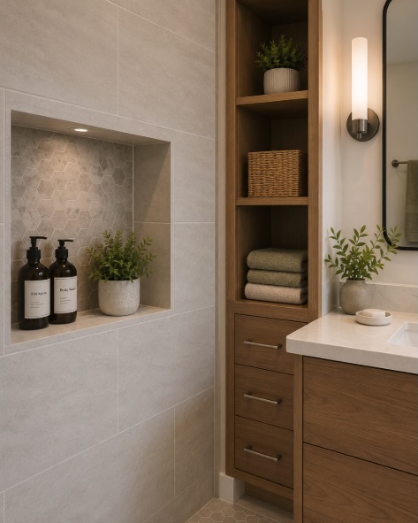 Built-in storage niche and tile detail in a small bathroom remodel in New Jersey