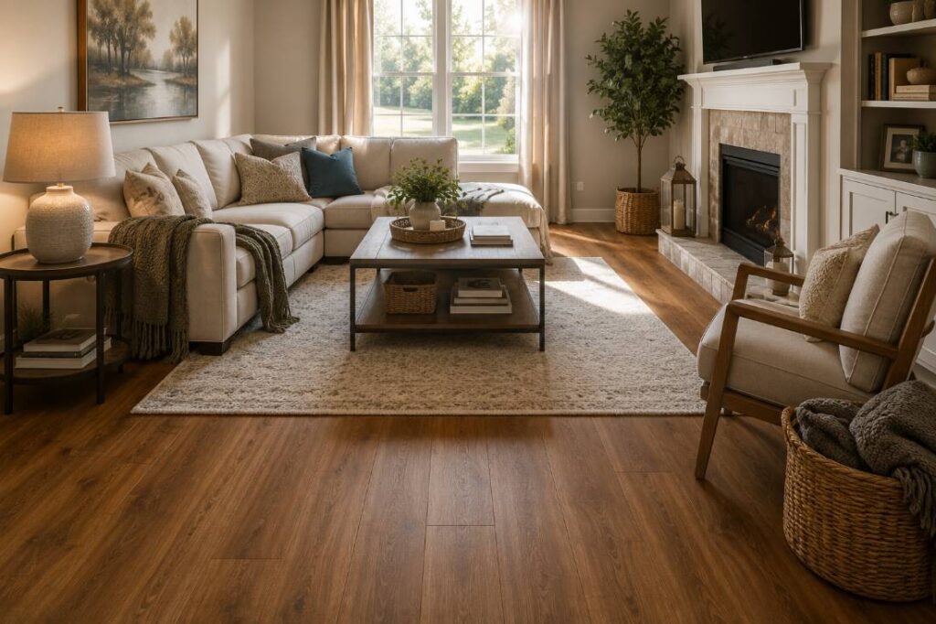 Warm wood-tone laminate flooring in a residential living room