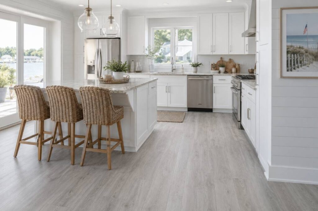 Vinyl plank flooring installed in a coastal-style kitchen