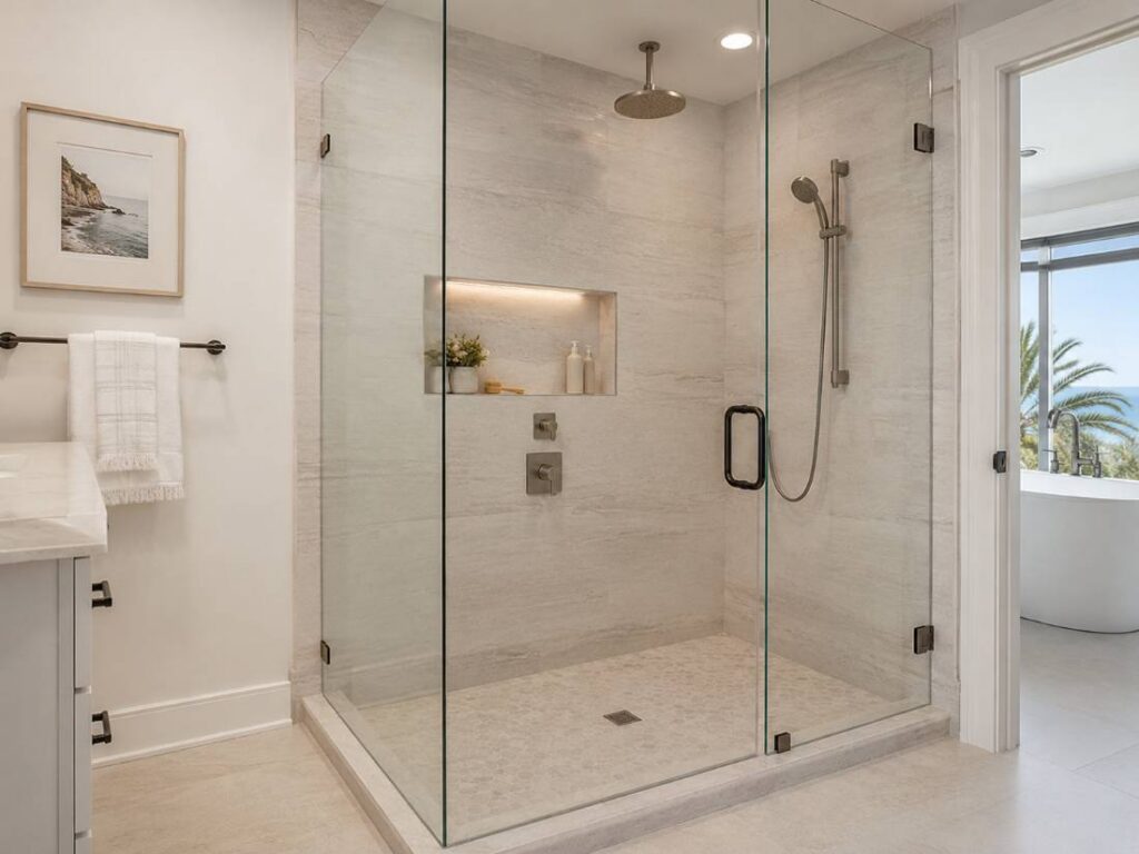 Custom shower installation in a full bathroom remodel by GYB Construction