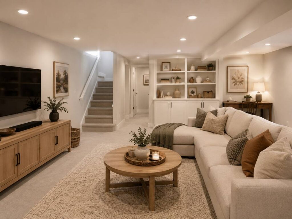 Finished basement living space renovation in Manchester NJ