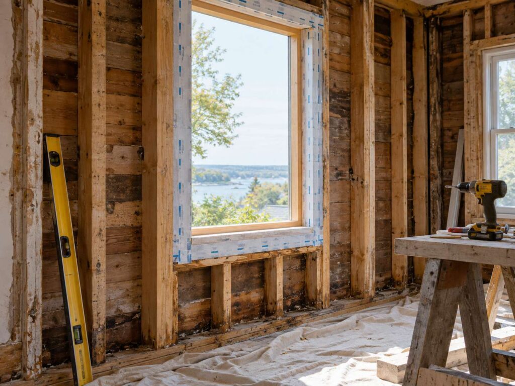 Opened wall in an older Monmouth County NJ home showing wood framing and window flashing during a renovation