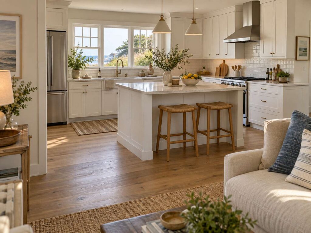 Bright, open kitchen in a renovated Long Beach Island (LBI) cottage with white cabinets and engineered wood floors
